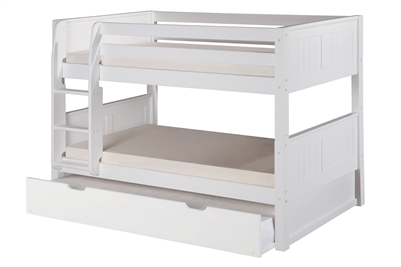 Low Bunk Bed with Trundle Panel Headboard White